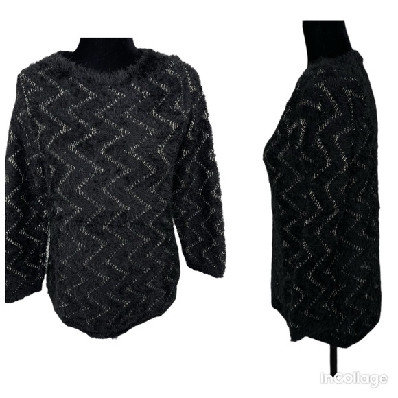Chicos Black gold Metallic zig zag fuzzy sweater 0 - Picture 1 of 15